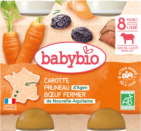 bio příkrm mrkev a sušené švestky s hovězím masem 2x200 g babybio