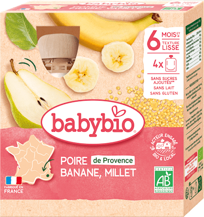 bio příkrm v sáčku hruška, banán a proso 4x90 g babybio