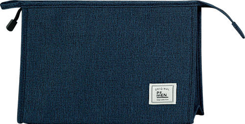 Kulturbeutel blau in Leinenoptik mit Aufnäher manòu