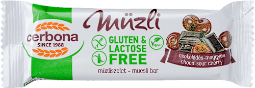 Gluténmentes müzliszelet, csokoládés-meggyes Cerbona