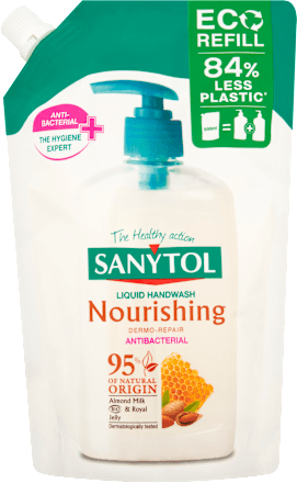 Antibakteriálne tekuté mydlo mandľové mlieko & materská kašička – náhradná náplň SANYTOL