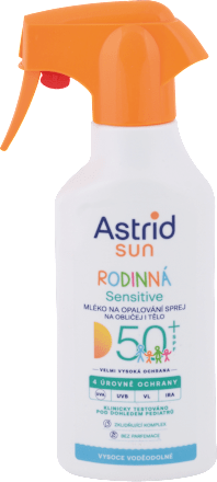Mlieko na opaľovanie v spreji Rodinná Sensitive SPF 50+ Astrid