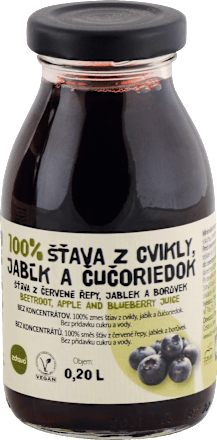 100 % šťava z cvikly, jabĺk a čučoriedok  zdravo