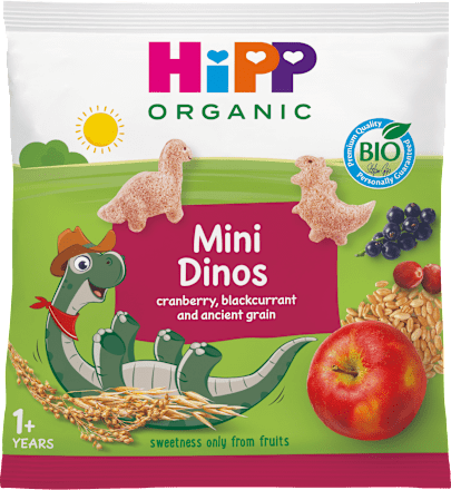 Chrupki zbożowo-owocowe żurawina czarna porzeczka Mini Dinos, po 1 roku  HiPP