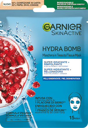 Maschera in tessuto SKINACTIVE HYDRA BOMB super idratante rimpolpante con acido ialuronico e melograno GARNIER SKIN ACTIVE