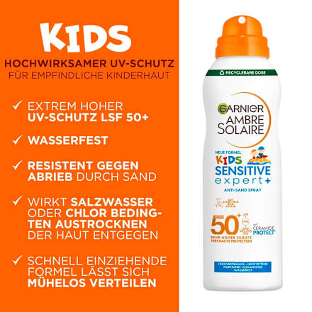 Sonnenspray Aerosol Kids sensitiv expert+, anti Sand LSF 50+ Garnier Ambre Solaire