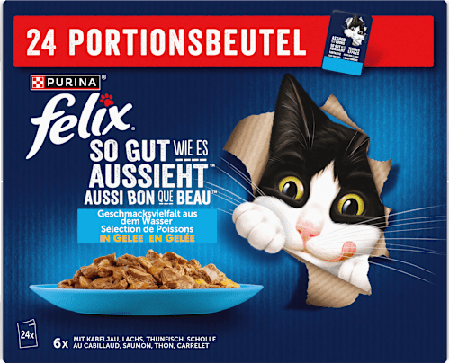 Nassfutter Katze, Geschmacksvielfalt aus dem Wasser in Gelee, Multipack (24x85g) Felix