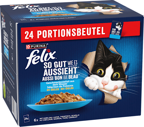 Nassfutter Katze, Geschmacksvielfalt aus dem Wasser in Gelee, Multipack (24x85g) Felix