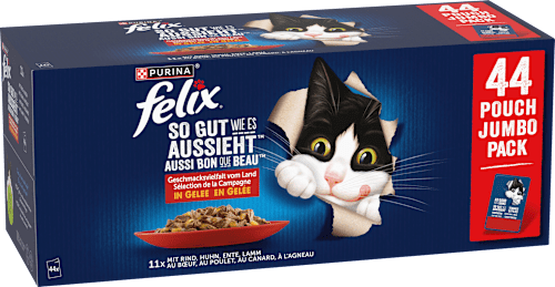 Nassfutter Katze, Geschmacksvielfalt vom Land mit Rind, Huhn, Ente & Lamm in Gelee, Multipack (44x85 g) Felix