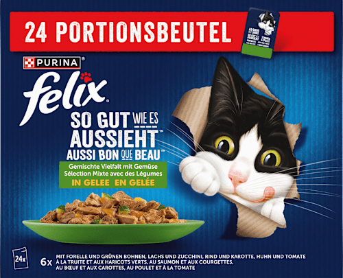 Nassfutter Katze, gemischte Vielfalt mit Gemüse in Gelee, Multipack (24x85g) Felix