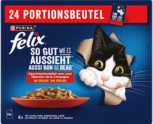 Nassfutter Katze, Geschmacksvielfalt vom Land in Gelee,Multipack (24x85 g) Felix