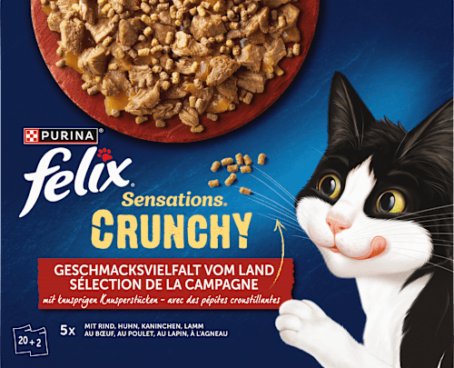 Nassfutter Katzen, Crunchy Geschmacksvielfalt vom Land, Multipack (20x85g + 2x40g) Felix
