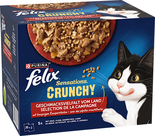 Nassfutter Katzen, Crunchy Geschmacksvielfalt vom Land, Multipack (20x85g + 2x40g) Felix