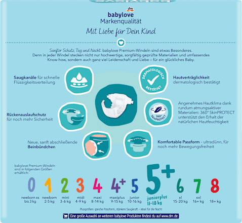 Pieluszki Premium, rozmiar 5+, juniorplus, 11-18 kg babylove