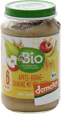 Omogeneizzato di mela, pera e banana con cereali integrali dmBio