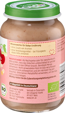 Бебешко пюре с череши, ябълков йогурт и пълнозърести култури, от 10-ия месеца dmBio