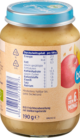 Bio bébidesszert gyümölcsök teljes értékű gabonapelyhekkel, 6. hónapos kortól babylove