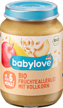 Bio bébidesszert gyümölcsök teljes értékű gabonapelyhekkel, 6. hónapos kortól babylove