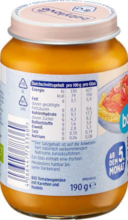 Bio zelenjava s paradižnikom, korenjem in testeninami, po dopolnjenem 5. mesecu babylove
