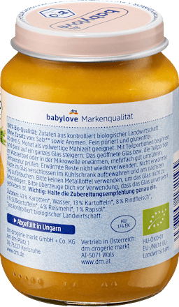 Menü Karotten mit Süßkartoffeln und Rind ab dem 5.Monat babylove