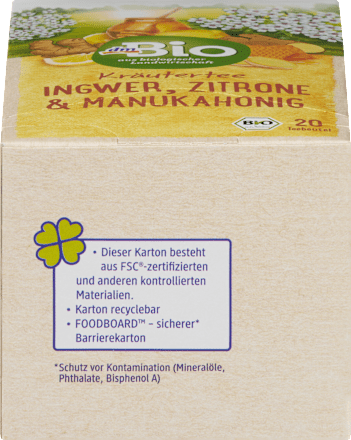 Kräutertee Ingwer, Zitrone & Manuka (20 Beutel) dmBio
