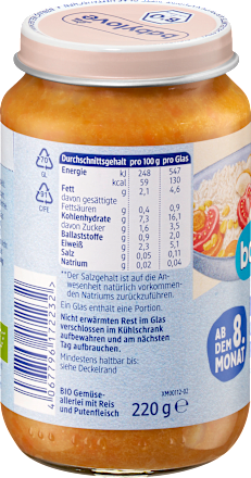 Menü Gemüseallerlei mit Reis & Pute ab dem 8. Monat babylove