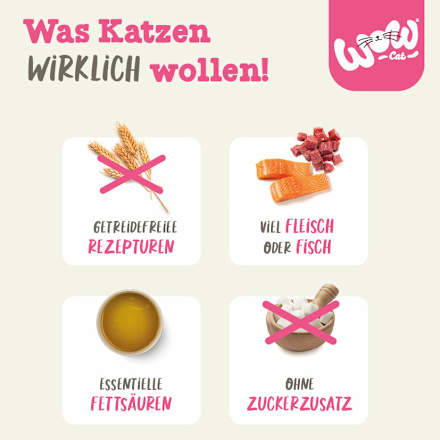 Nassfutter Katze mit Huhn, Lachs, Rind & Pute, Premium Paté Adult Multipack (6x125 g) WOW