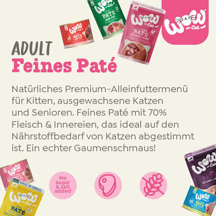 Nassfutter Katze mit Huhn, Lachs, Rind & Pute, Premium Paté Adult Multipack (6x125 g) WOW
