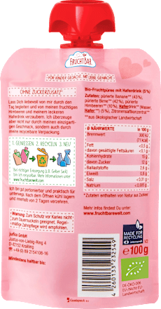 Quetschie Himbeere, Banane, Birne, Haferdrink ab 6 Monaten FruchtBar