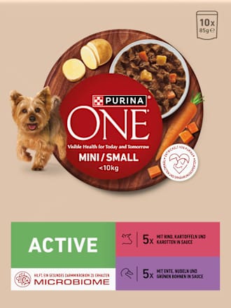 Nassfutter Hund mit Rind & Ente, MINI Active für kleine Rassen, Multipack (10x85 g) PURINA ONE