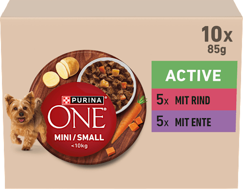 Nassfutter Hund mit Rind & Ente, MINI Active für kleine Rassen, Multipack (10x85 g) PURINA ONE