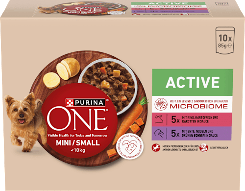 Nassfutter Hund mit Rind & Ente, MINI Active für kleine Rassen, Multipack (10x85 g) PURINA ONE