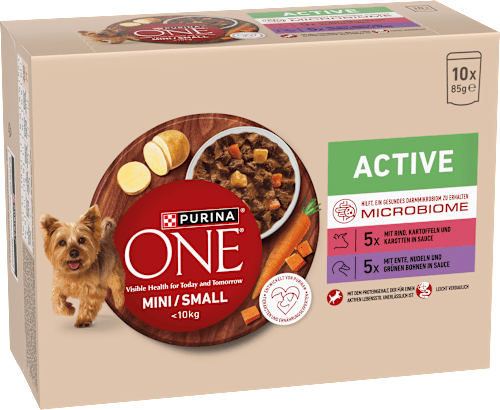Nassfutter Hund mit Rind & Ente, MINI Active für kleine Rassen, Multipack (10x85 g) PURINA ONE
