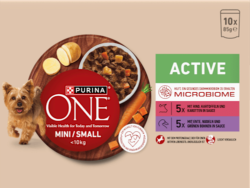 Nassfutter Hund mit Rind & Ente, MINI Active für kleine Rassen, Multipack (10x85 g) PURINA ONE