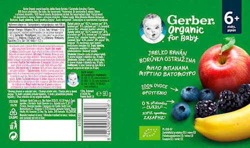 příkrm v sáčku jablko, banán, borůvka a ostružina Gerber Organic