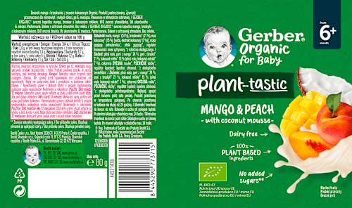 organic BIO příkrm v sáčku mango a broskev s kokosovým mlékem Gerber Organic