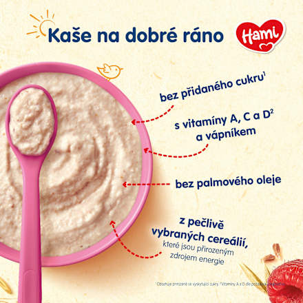 mléčná kaše Na dobré ráno, ovesno-žitná s banánem, jahodami a malinami Hami