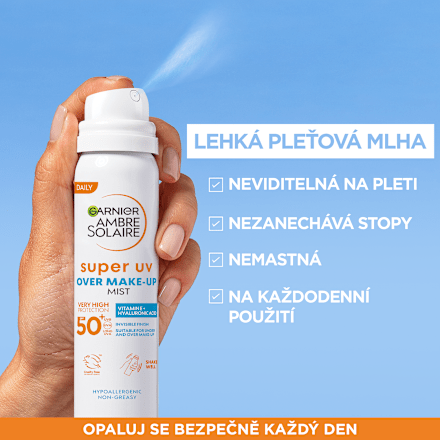opalovací pleťový sprej Over Makeup super uv SPF50 GARNIER AMBRE SOLAIRE