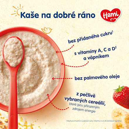 mléčná kaše se 7 obilninami s banánem a jahodami Hami