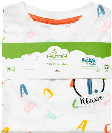 T-Shirt Schulanfang mit "1. Klasse" Patch & ABC-Muster, weiß, Gr. 122 ALANA