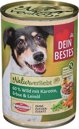 Cibo umido per cani con selvaggina, carote, piselli e olio di lino DEIN BESTES