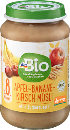 Omogeneizzato con mela, banana, amarena e cereali integrali dmBio