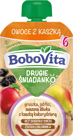 Mus owoce z kaszką, gruszka, jabłko, suszona śliwka z kaszką kukurydzianą, po 6. miesiącu Bobovita