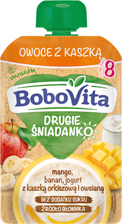 Mus owoce z kaszką, mango, banan, jogurt z kaszką orkiszową i owsianą, po 8. miesiącu Bobovita