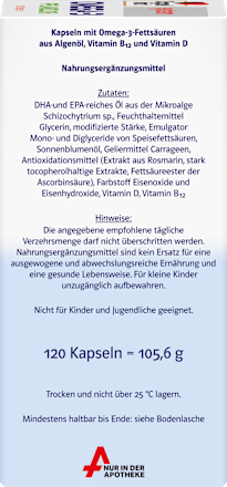 Doppelherz system Omega-3 Pflanzlich Algenöl + D + B12 Kapseln 120 St Doppelherz