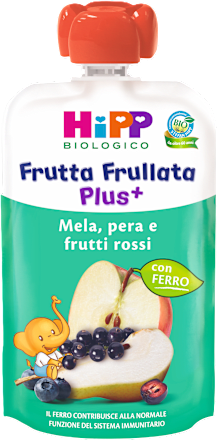 Frutta frullata Plus+ mela, pera e frutti rossi HiPP
