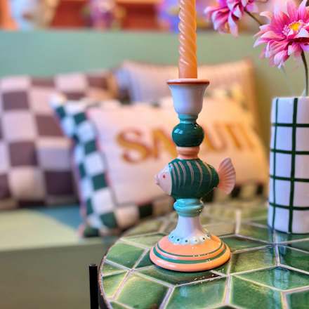 Stabkerzenhalter aus Steingut "Fisch", grün/peach  Dekorieren & Einrichten