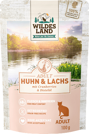 Katzenfutter Huhn & Lachs mit Cranberries und Distelöl Wildes Land