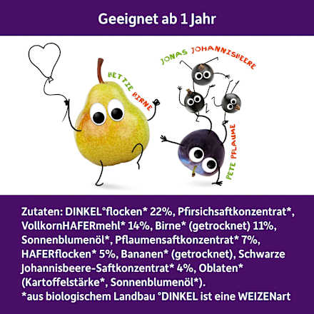 Fruchtriegel Bio mit Getreide, Birne, Pflaume und Johannisbeere ab 1 Jahr Freche Freunde
