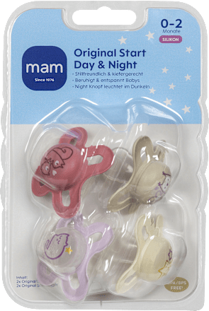 Schnuller Original Start Day & Night Silikon, rot/lila/braun/creme, 0-2 Monate mam